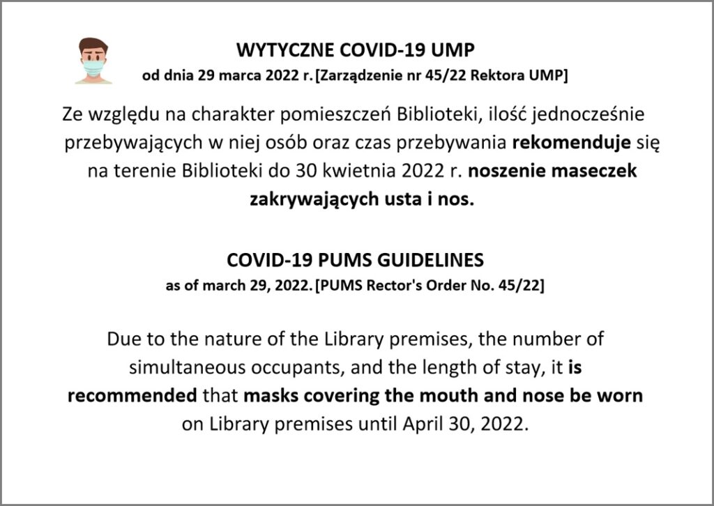 Ogłoszenie - wytyczne Biblioteki Głównej dotyczące funkcjonowania podczas pandemii koronawirusa SARS-CoV-2 (informacja z dnia 29 marca 2022 r.)