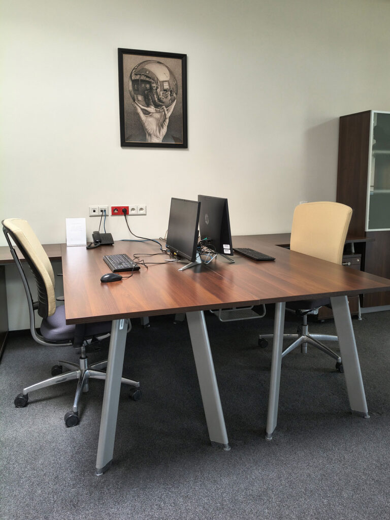 Sala Pracowników Naukowych - przy ścianie dwa biurka, przy nich krzesła. na biurkach stoją dwa komputery. Na ścianie obraz.