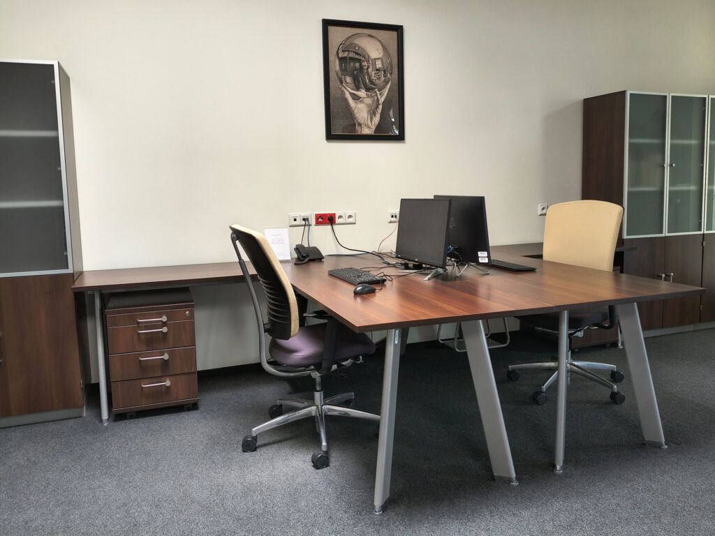 Sala Pracowników Naukowych - przy ścianie dwa biurka, przy nich krzesła. na biurkach stoją dwa komputery. Na ścianie obraz. Po lewej i prawej stronie szafy.